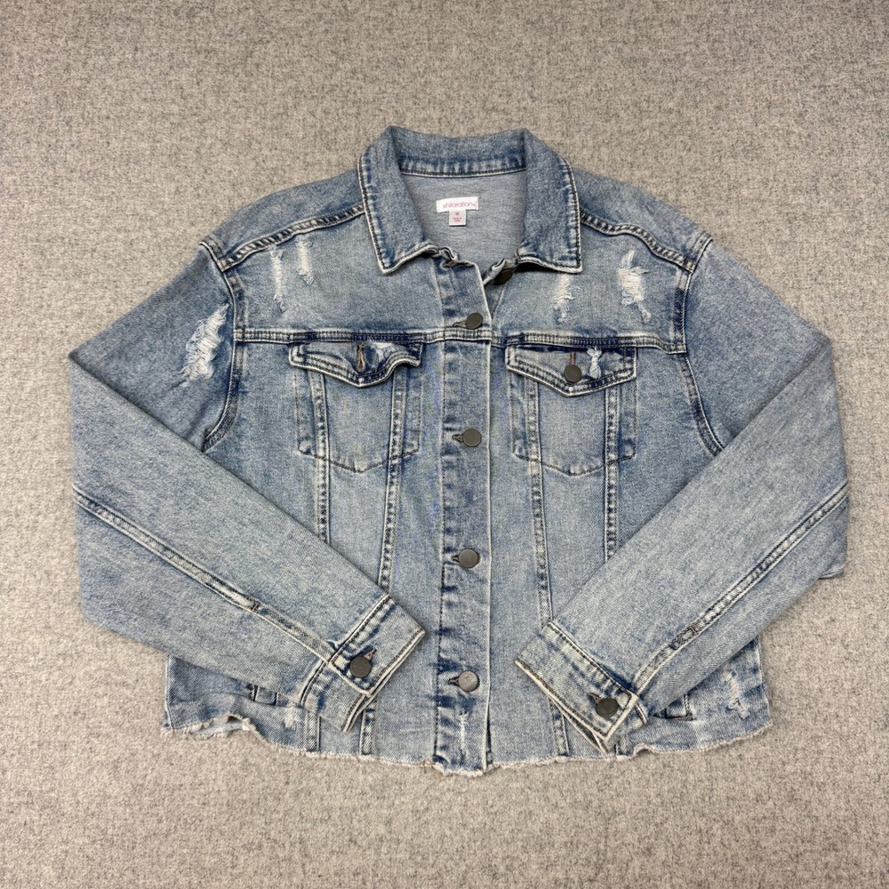 Xhilaration Denim Jacket Size M Light Blue Distressed Raw Hem Trucker Coat 2659